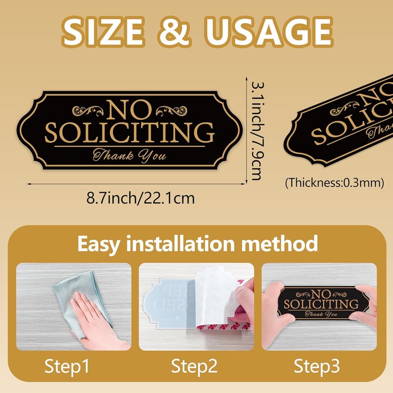 LUHIMO No Soliciting Sign for Front Door, Self-Adhesive Vinyl No Solicitors Modern Sign for House?Home, Business, Apartments,and Office Door (Black Gold) - Image 2